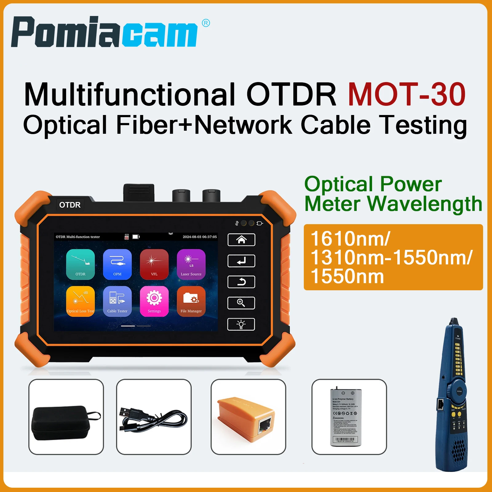 

Визуальный дефектоскоп MOT-30 с 4-дюймовым сенсорным экраном, OTDR-тестер оптоволокна, OPM, VFL, LS, UTP, карта событий, 1550 нм, 1310/1550 нм, 1610 нм