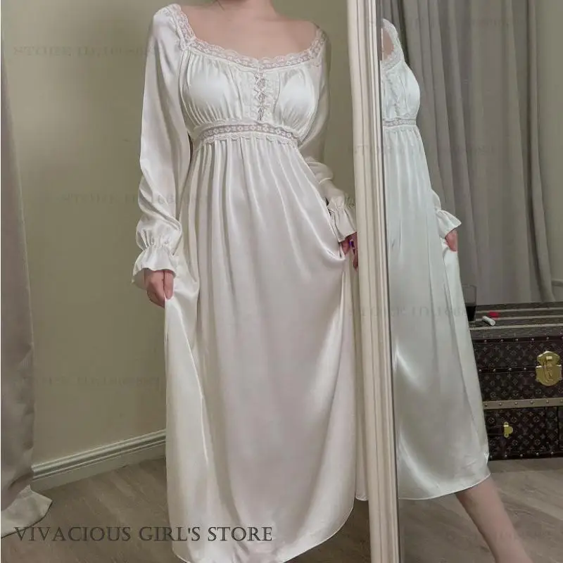 

Elegant Women Long Sleepdress Nightgown French Court Style Nightdress Nightwear Sexy Square Collar Lace Nighty Rayon Homewear