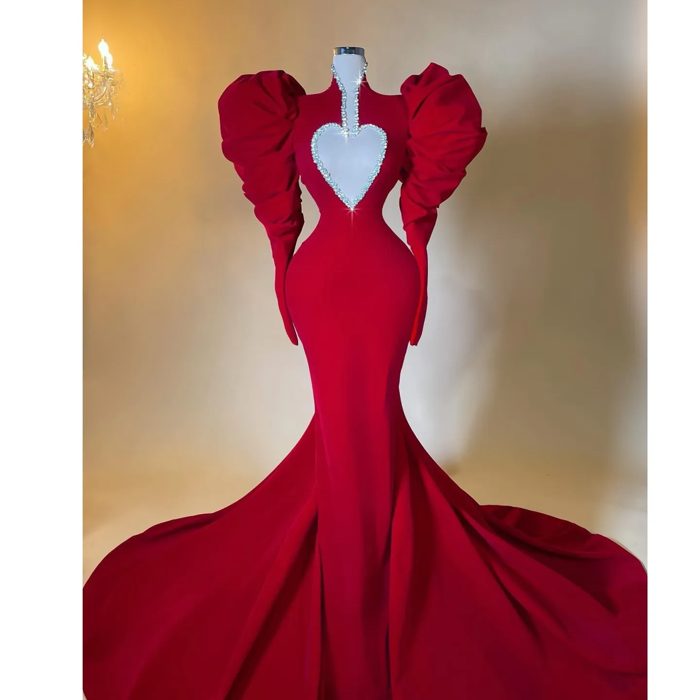 Stunning Red Stretchy Mermaid Evening Dresses With Sweetheart Shape  Puff Sleeves Beaded Sexy Long Evening Gowns Real Image