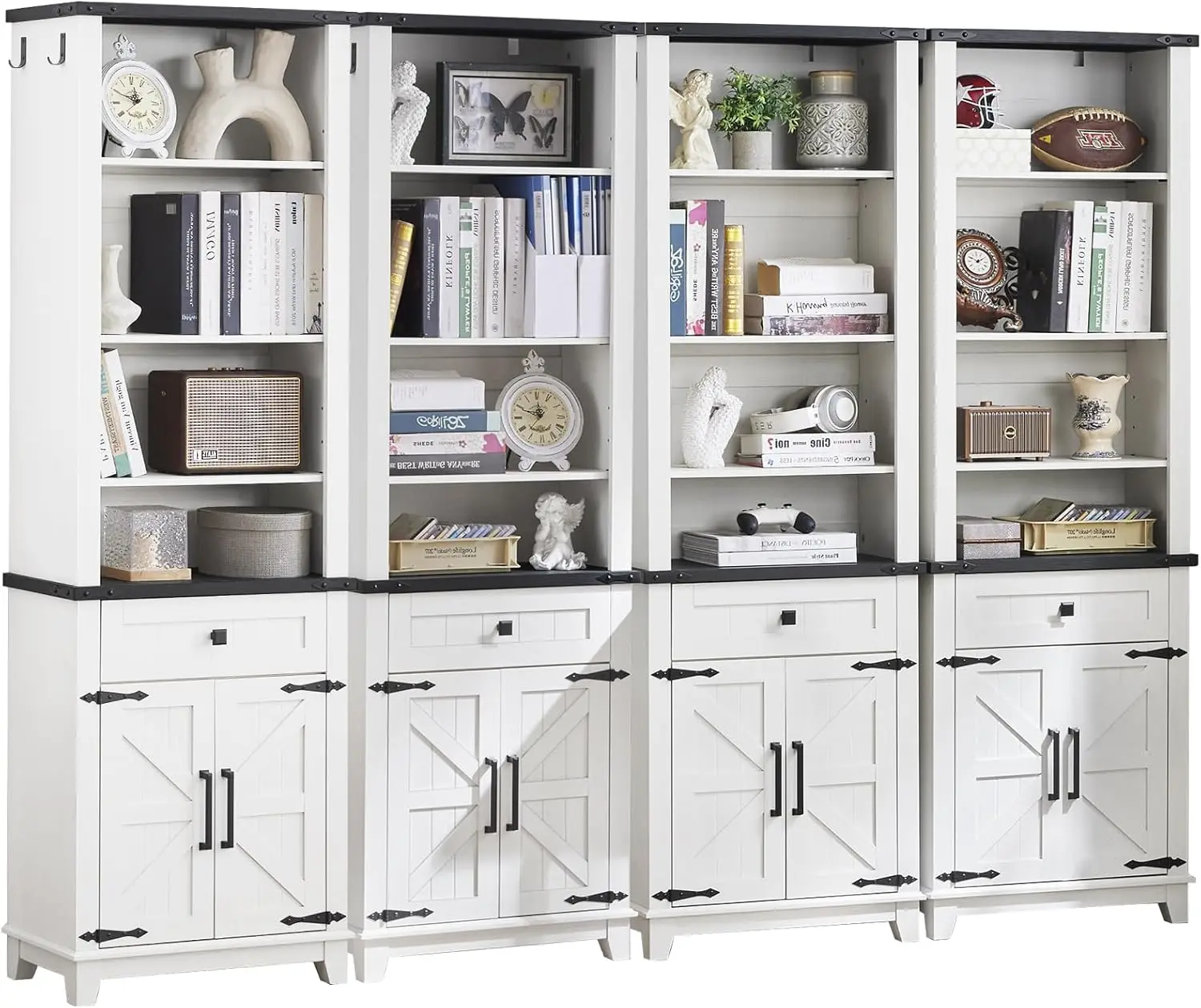 

72In Tall Bookshelf 7 Tier Bookcase With Drawer And Barn Doors And Adjustable Shelves, White Farmhouse Book Shelf With Storage