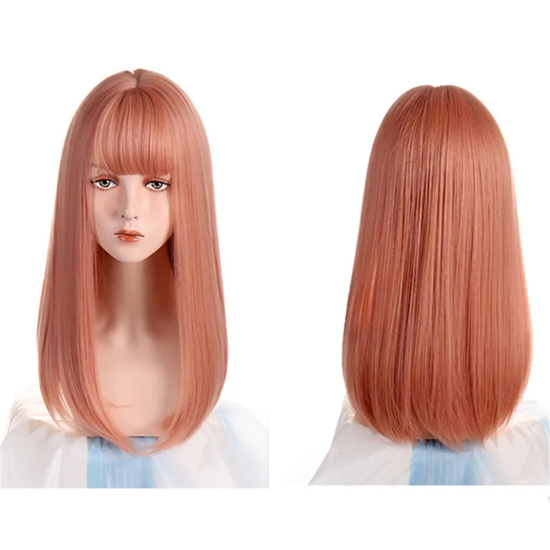 

Wig female long hair natural full head cover long straight hair pink air bangs fashion round face medium long hair wig cover