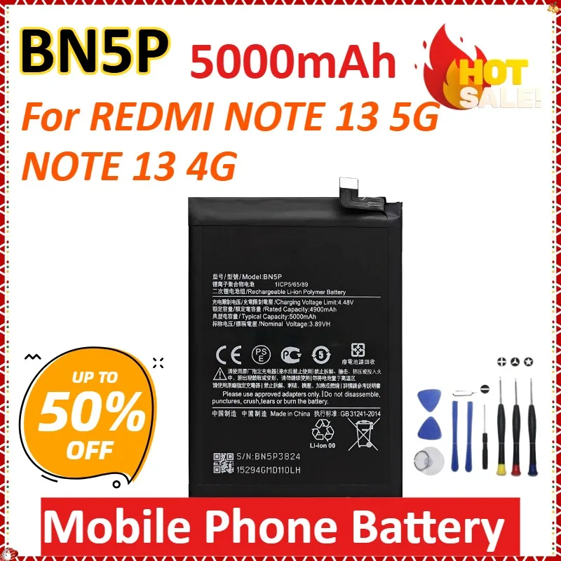 

BN5P 3,89 В 5000 мАч для REDMI ПРИМЕЧАНИЕ 13 5G/NOTE 13 4G, новый обновленный аккумулятор большой емкости для мобильного телефона + инструменты