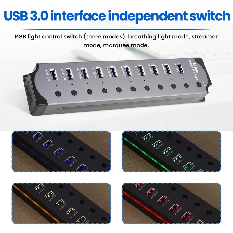 10 in 1 Powered USB HUB 10 Ports USB Adapter USB Splitter USB 3.0 Interface Individual Switch RGB E-Marker Heat Design