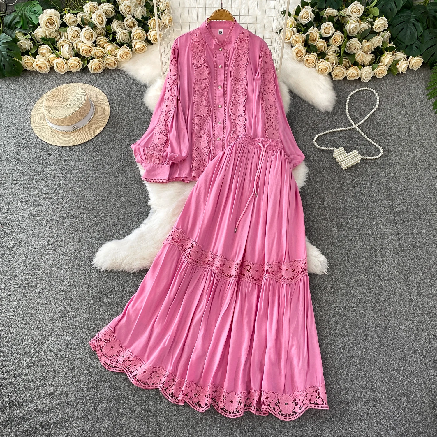 

ALPHALMODA 2025, Lace Spliced, Stand Collar, Lantern Long Sleeve Shirt + High Waist, Pleated Skirt, Women 2pcs Suit