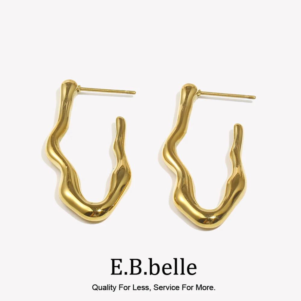 E.B.belle Wave V-shaped Drop Earrings Cool Tarnish Free 18K Gold Plated Gift Silver Color 316L Stainless Steel Decoration