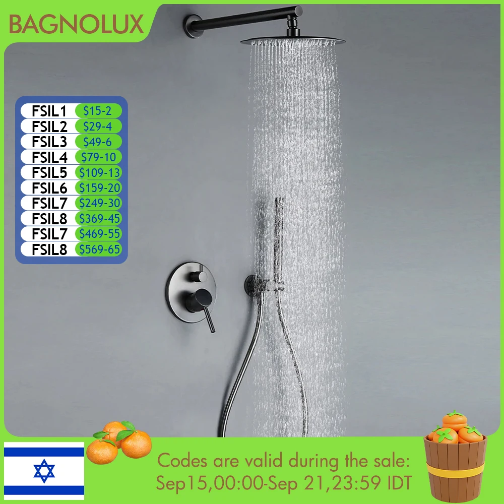 

Black Bathroom Shower Faucet Set Wall Mount Rainfall Shower Head Hot Cold Diverter Gunmetal Bath Bathtub Mixer With Handshower