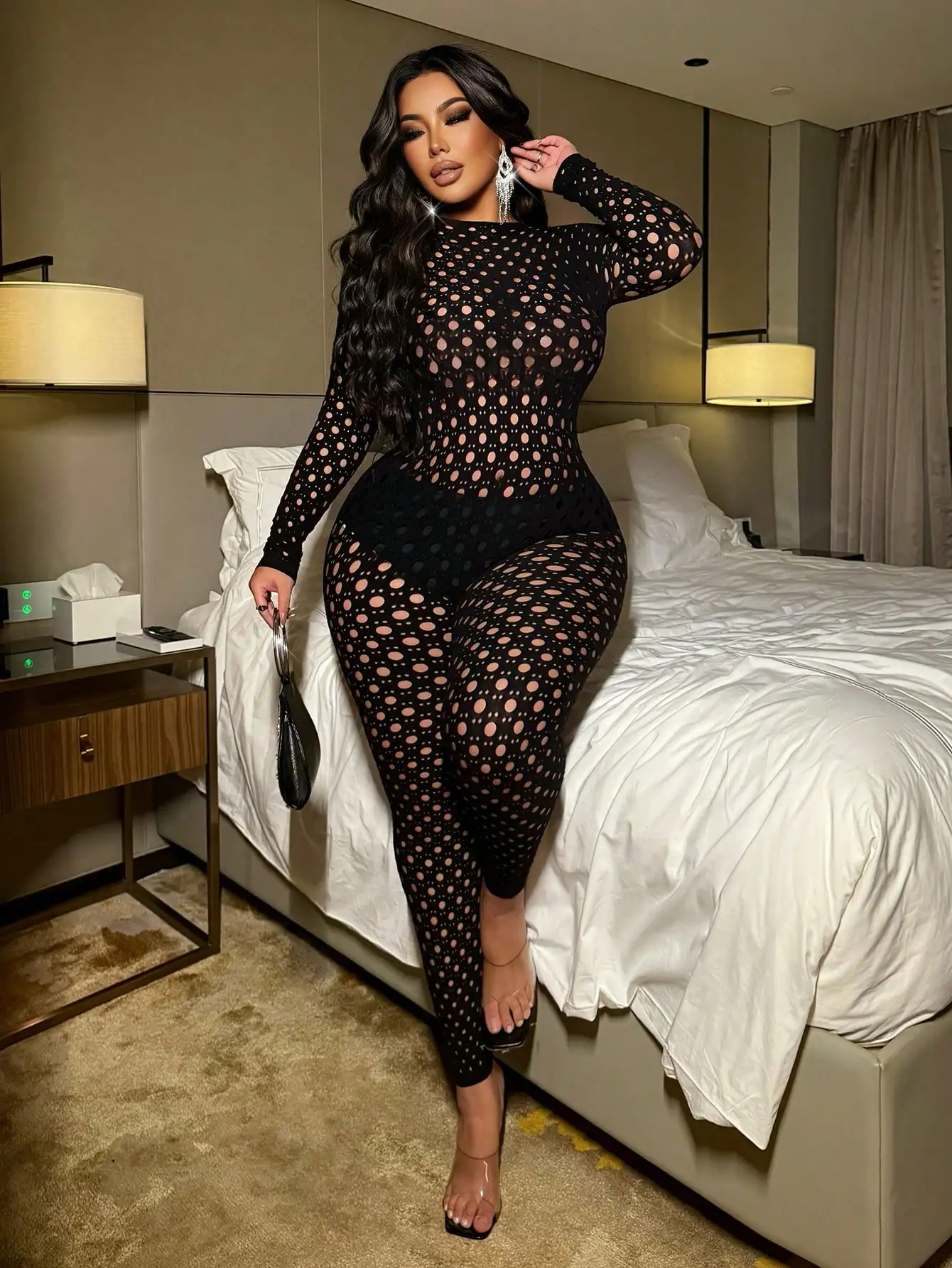 Hollow Out Jumpsuits Women Summer Round Neck Long Sleeve High Stretch One Piece Jumpsuit Rompers Plus-size Sexy Overalls