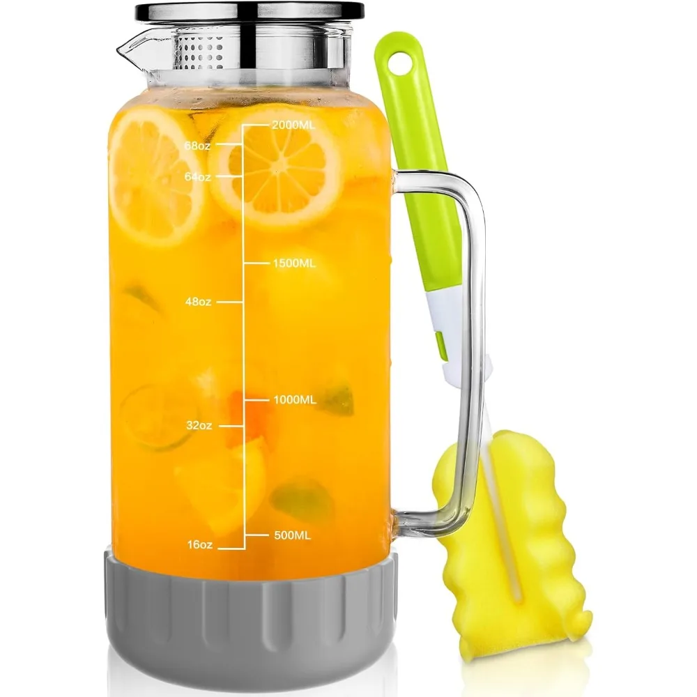 

68 oz Glass Pitcher with Lid 2L Water Carafe Silicone Base Precise Scale Line for Ice Tea Sun Tea Juice Coffee Milk Gray