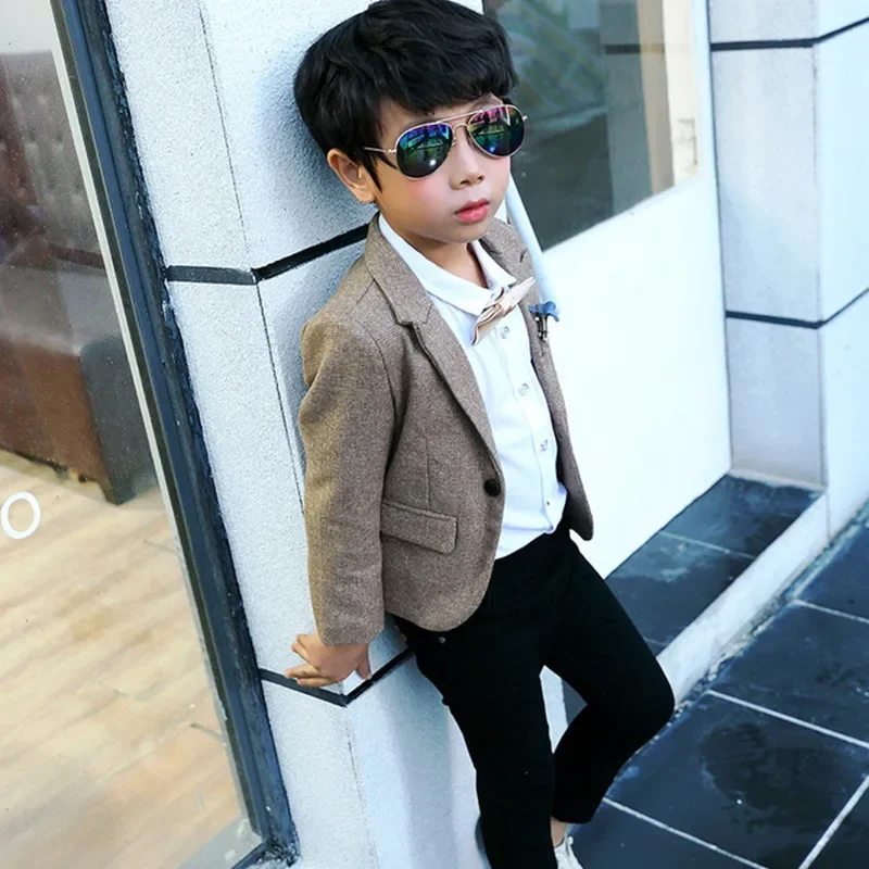 Casual Blazer Coat For Children Boys Freebie Gift Brooch Light Blue Jacket For Prom Graduation Suit Cotton New Kids Clothes