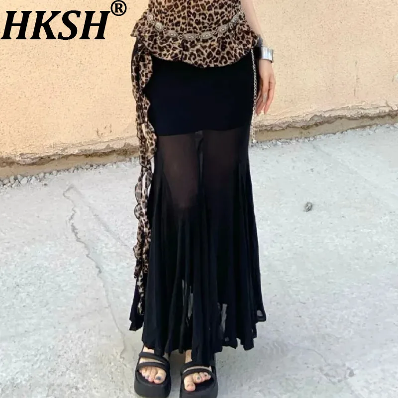 HKSH 2026 Spring Summer New Women Skirt Sexy Sheer Pleated Mesh Patchwork Korean Fashion Dark Chic Elegant Mermaid Skirts HK5683