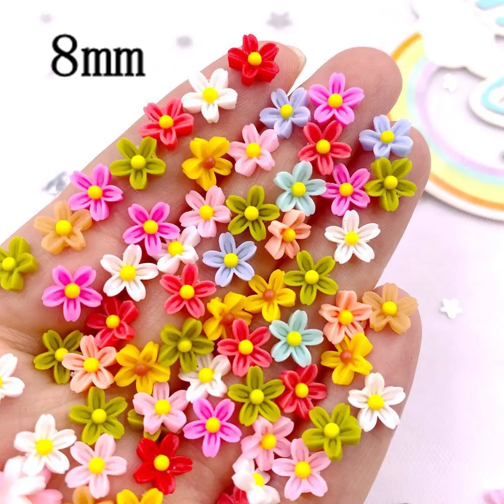 100Pcs 8mm Resin 3D Colorful Mini Flower Gems Flatback Rhinestone Scrapbook Wedding Buttons Appliques Nail Art Decor Crafts L560