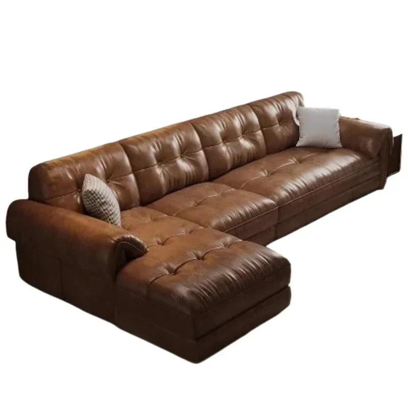 

French retro leather sofa first layer cowhide Italian minimalist straight row small apartment elephant ear sofa