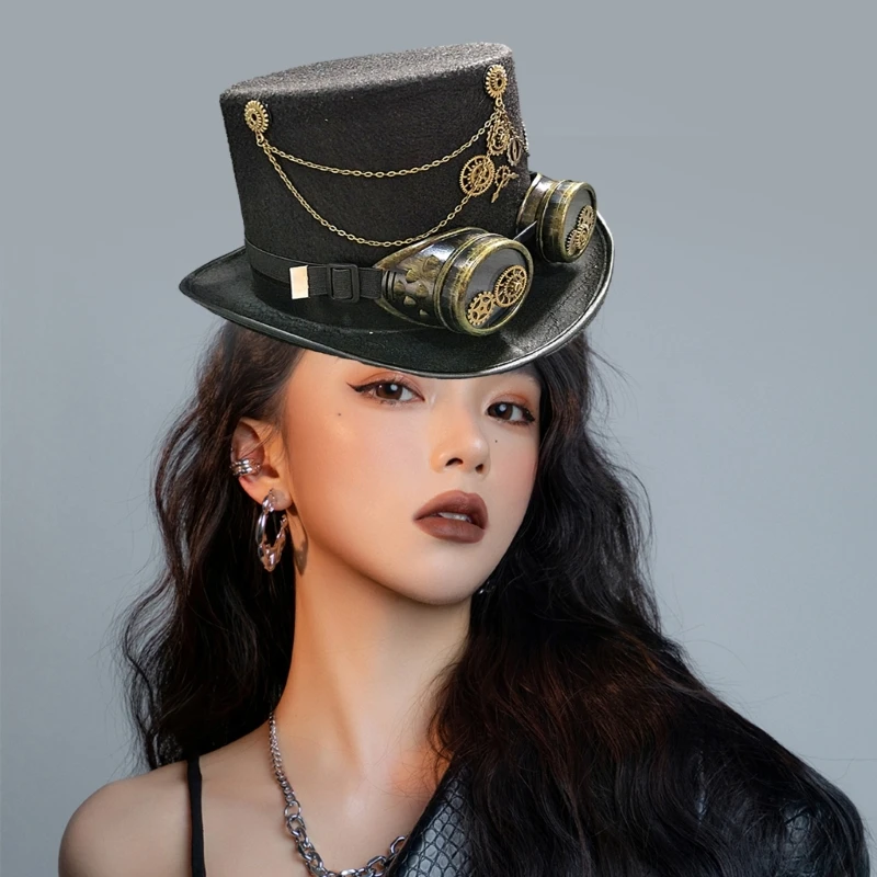 Top Hat Steampunk Goggles Gothic Victorian Hat Halloween Women Small Brim Fedora Hat Magician Cap Stage Performances DXAA