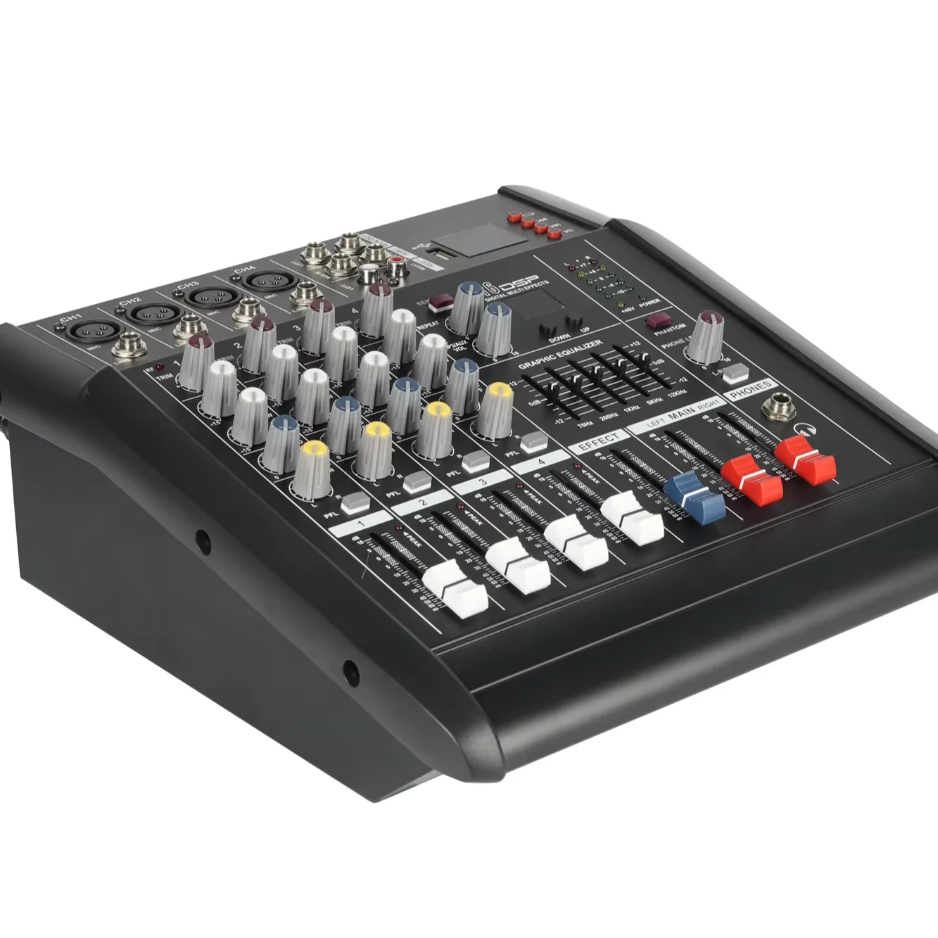 Professional USB Audio Sound Card Mixer with Dual Wireless Mic,Built-in Power Amplifier 4 Channel Mixer DJ Controller