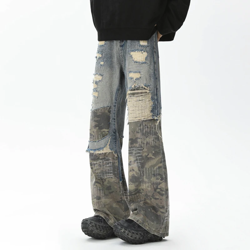 FEWQ High Street American Spliced Camouflage Micro Flared Jeans Trendy Design Straight Tube Pants Contrast Trousers 24E5357