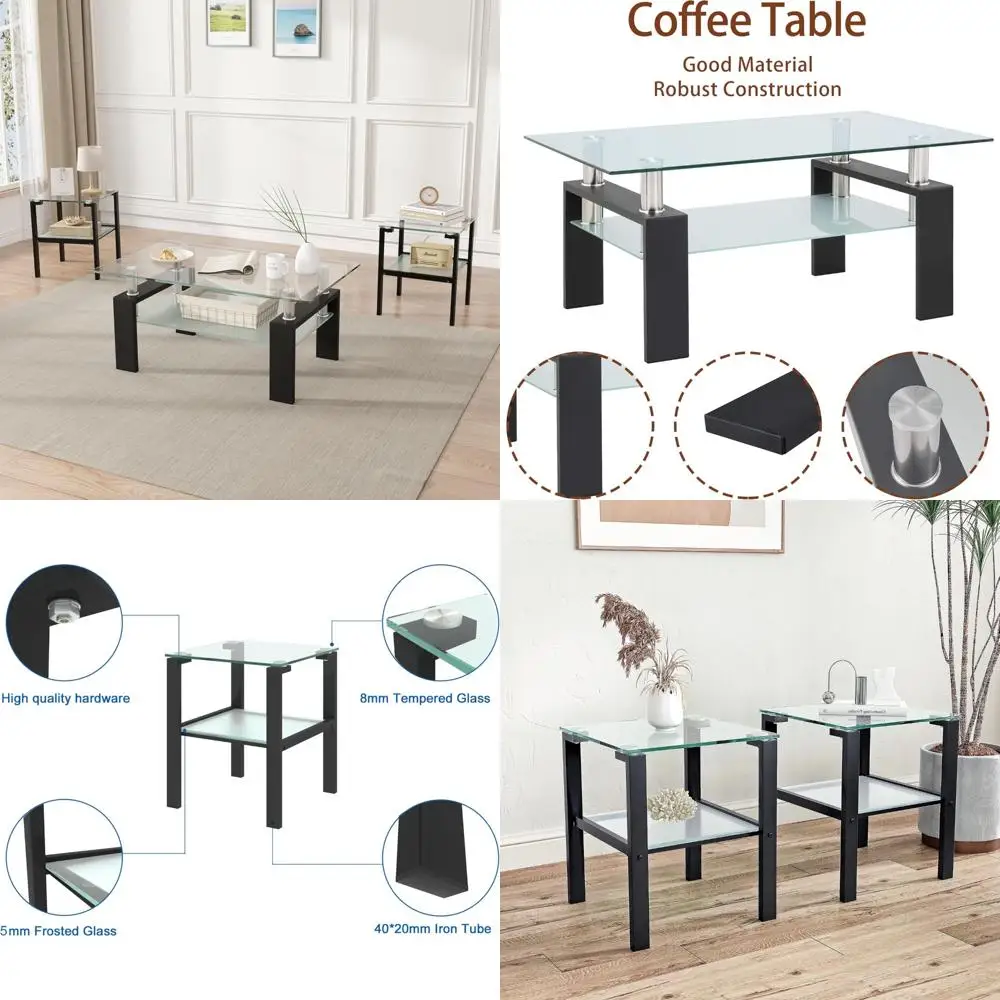 

3-Piece Glass and Metal Living Room Table Set with Coffee and End Tables