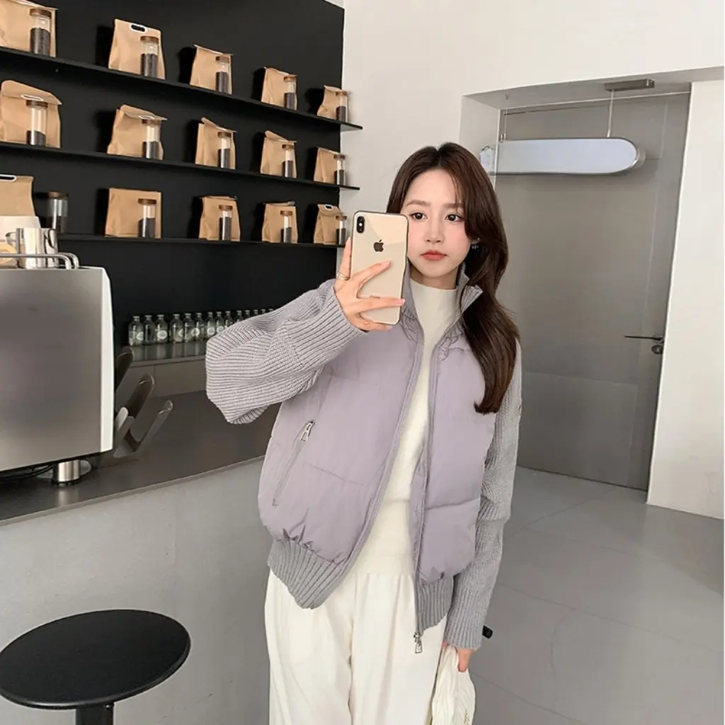 Korean Style Women's Short Knitted Zipper Cotton Jacket Stand Collar Autumn Winter Outerwear New Arrival