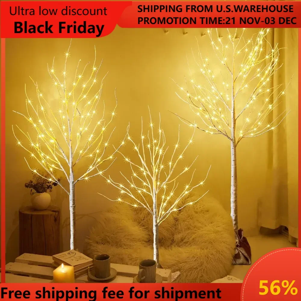 3 Packs Lighted Brich Tree, 4FT 56 LED/5FT 72 LED/6FT 128 LED with Burlap Decor, Warm White Lights, Powered by UL Adaptor, Perfe