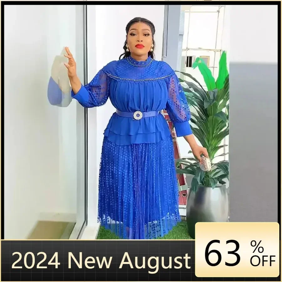 

African Party Evening Dresses for Women Summer Elegant African 3/4 Sleeve Mesh Polyester Long Dress Outfits Africa Clothing