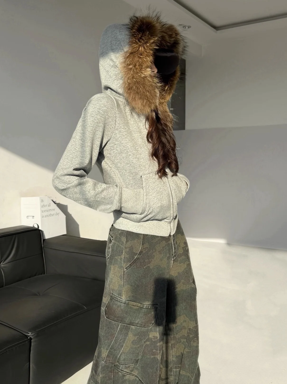 레트로 아메리칸 스타일 여성용 코트 리얼 퍼 칼라 후드 가디건 캐주얼 슬레 코튼 폴리에스터 혼방