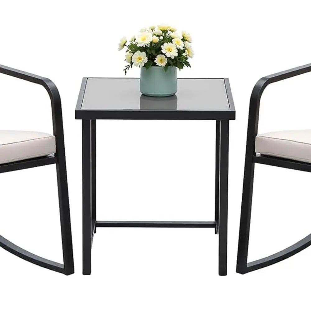 Beige Wicker Outdoor Bistro Set with 3 Chairs and Glass Top Coffee Table for Patio Conversation