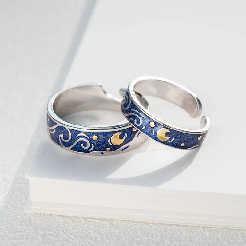 1/2pcs Romantic Van Gogh Starry Sky Rings Lover Couple Personality Openning Finger Ring Men Women Night Star Moon Jewelry Gifts
