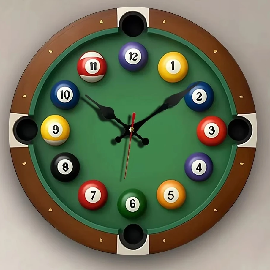 Retro Club Wooden Quartz Silent Silent  Wall Clock - Creative Billiard Balls & Cue Stick Numbers 1-12  Game Hall Decoration
