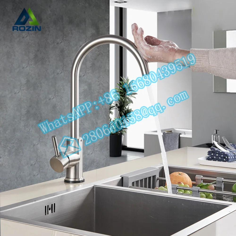 Rozin Brushed Nickel Kitchen Faucet Touch Sensor  360 Degree Rotation Deck Mounted Single Handle  Hole