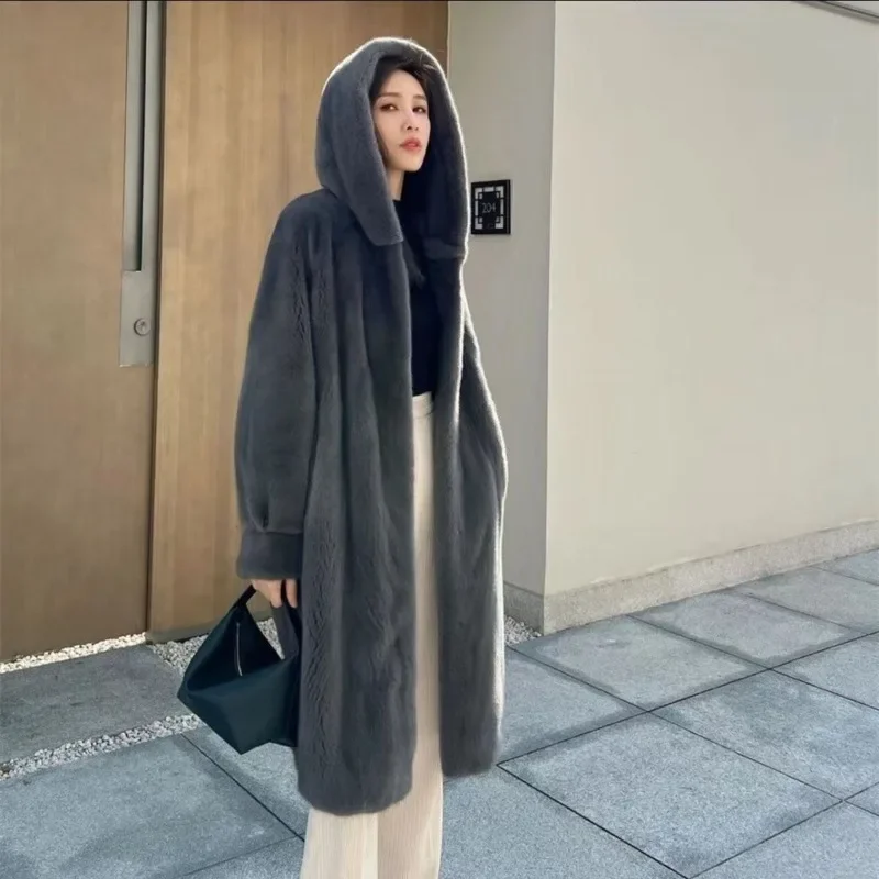 Mink Hooded Medium Long Winter New Mink Jacket with National StyleThickened with Hat Fluff Autumn Winter Anti-season Clearance