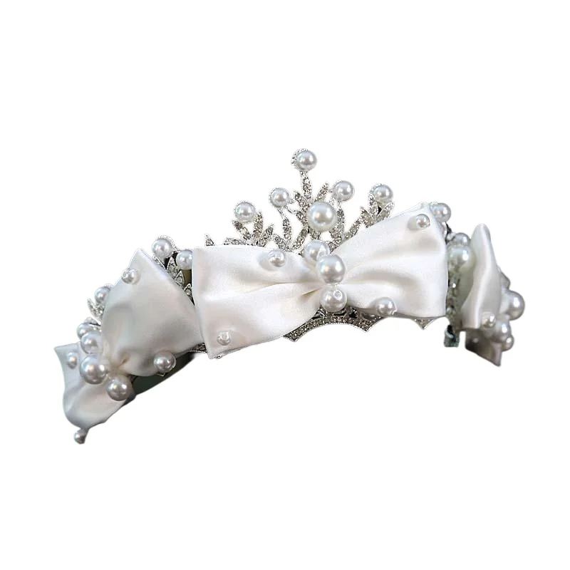 New Mori bow pearl crown atmospheric bride main wedding dress headgear heel makeup studio accessories Korean style
