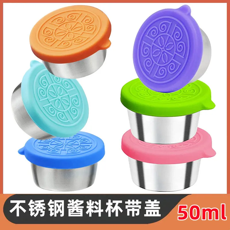 304 Stainless Steel Sauce Cup with Lid Leakproof Salad Tomato Sauce Cup Picnic Portable Dipping Cup Silicone Lid