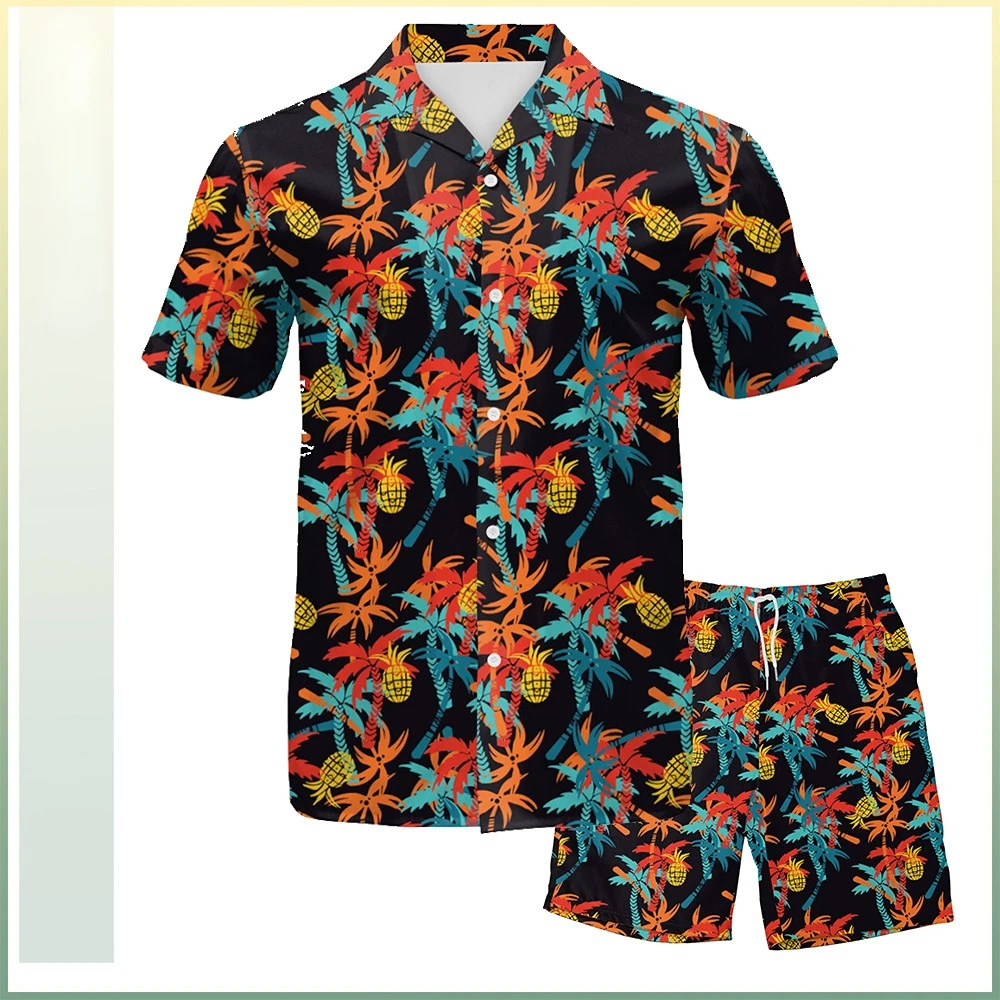 

Men 3D Print Cool Beach Hawaii Inner Mesh Shirt Shorts Set Adults Punk Style Halloween Cosplay Costume Outfit