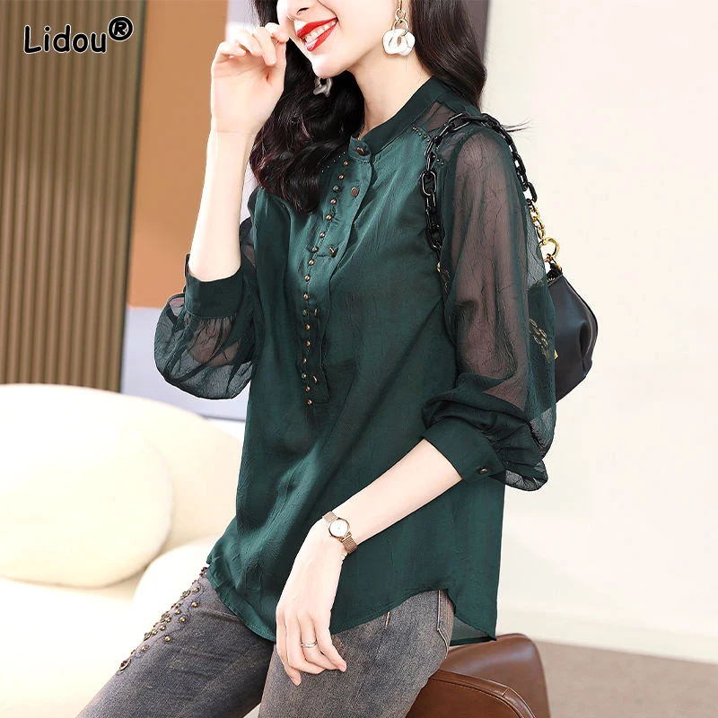 

2023 New Summer Westernized Retro Hong Kong Style Stand Collar Studded Loose Casual Oversize Versatile Solid Color Women's Shirt