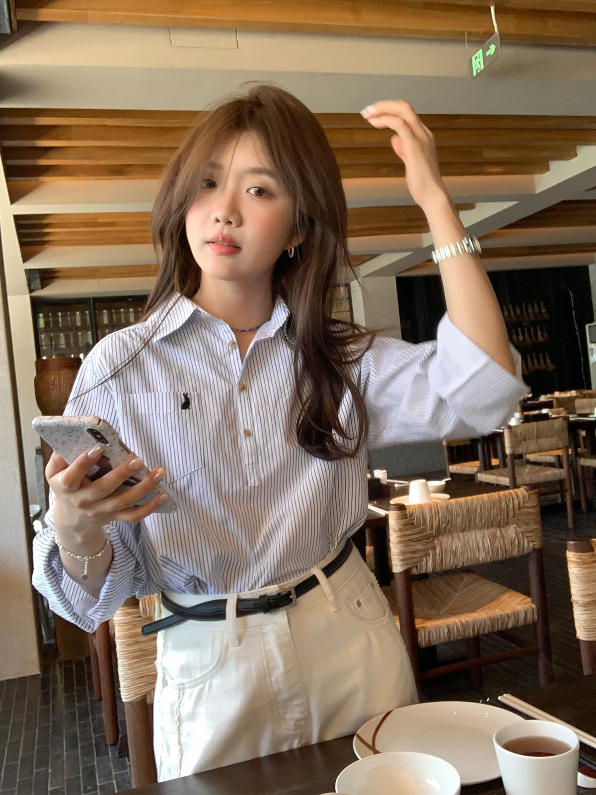 

Женская рубашка Sisilyon в полоску с вышивкой, с открытым передом, двусторонняя, из хлопка, для повседневной носки, в корейском стиле, прямого кроя, с длинными рукавами