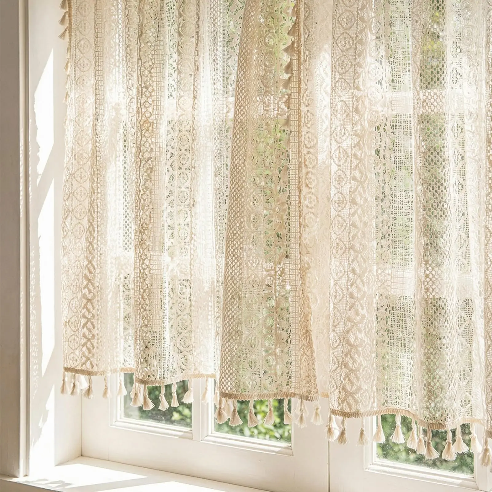 Bohemian Vintage Crochet Curtains Short Lace Rod Pocket Window Treatment for Living Room Farmhouse Bedroom Decor