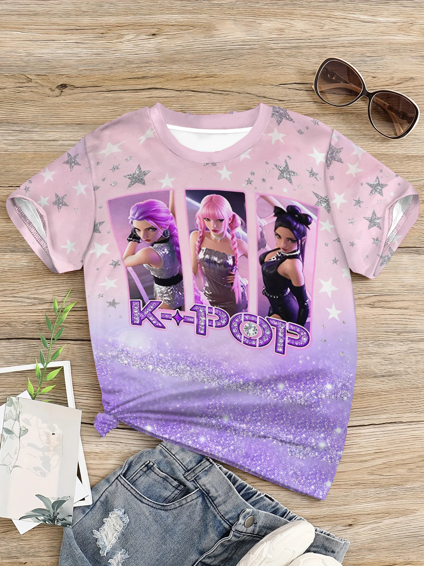 Little Girls cartoon Graphic Tee, Sparkle Glitter Ombre Star Pattern Character Photo Casual Kids Summer T-Shirt