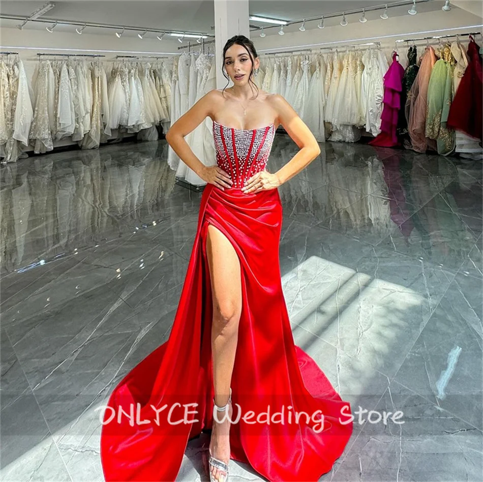 Luxury Red Mermaid Prom Dress 2024 Side Slit Crystal Pearls Exquisite Evening Gowns Wedding Party Gown Birthday Party Vestidos