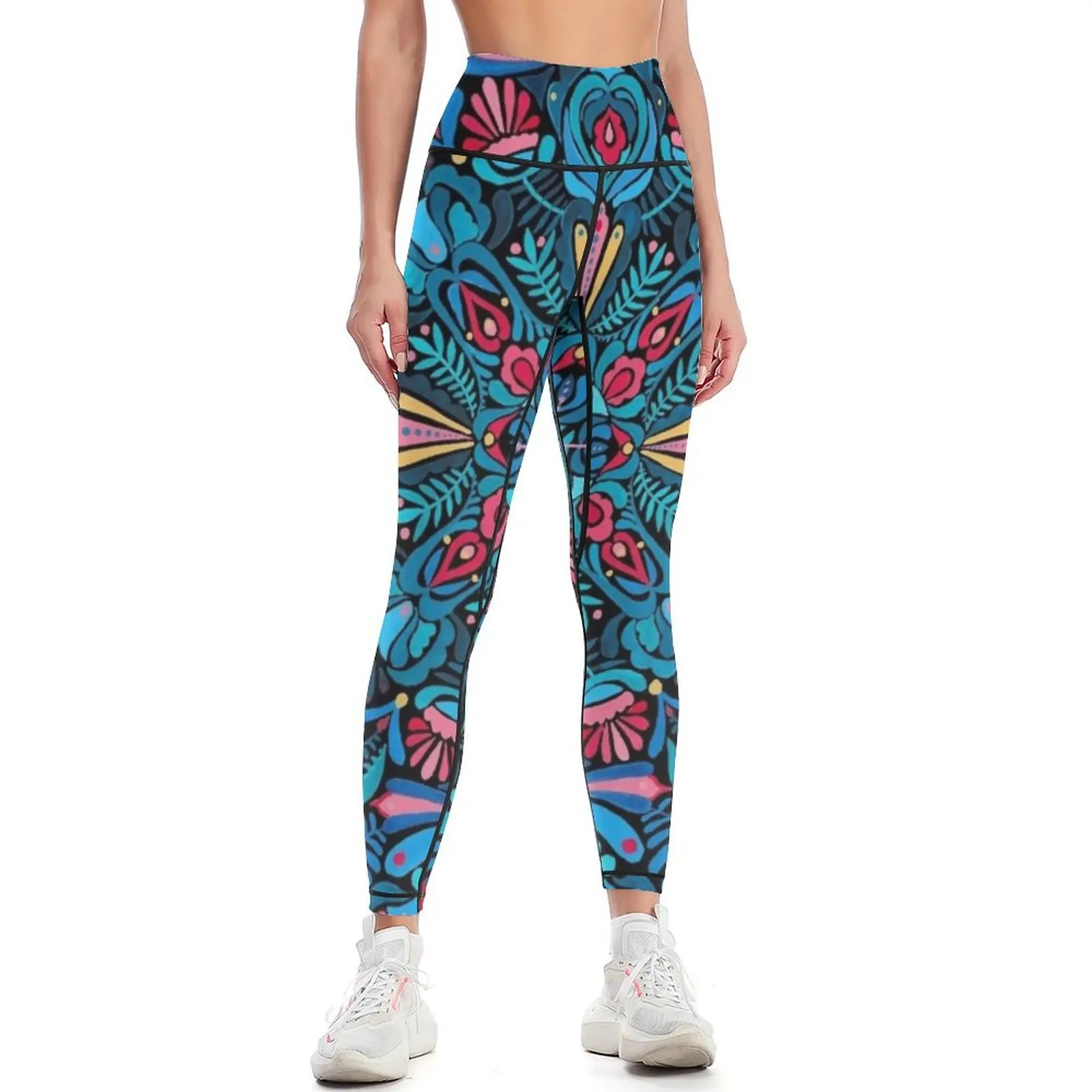 Pink, light blue springtime mandala on black Leggings Women's pants gym's clothing Womens Leggings