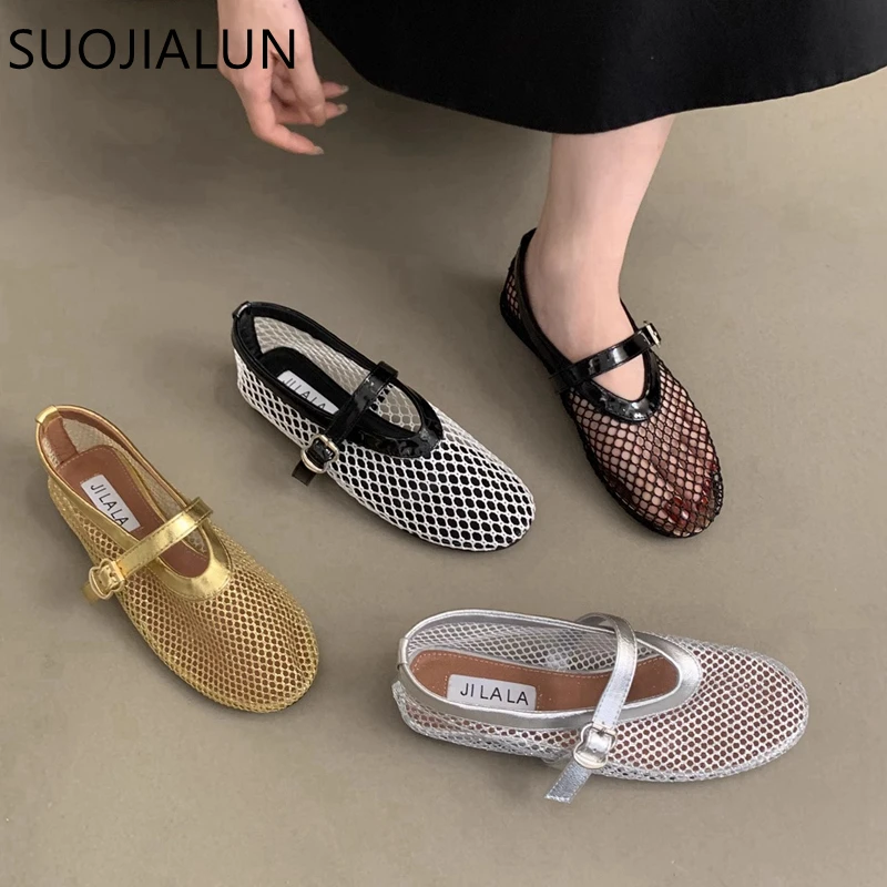 SUOJIALUN 2024 Summer New Brand Women Flat Shoes Fashion Mesh Ladies Elegant Mary Jane Shoes Soft Sole Outdoor Dress Ballerinas