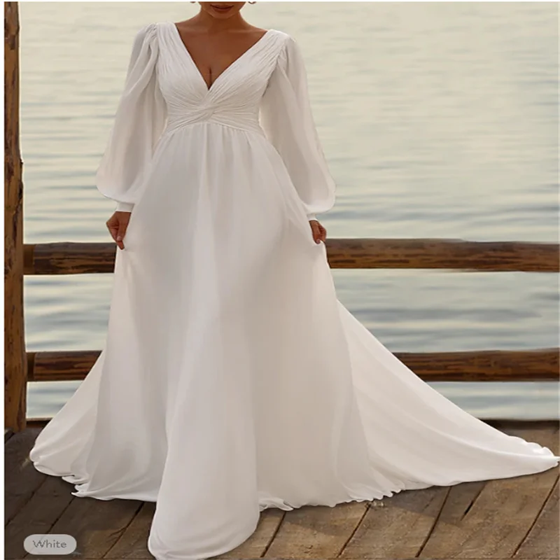 

Beach Wedding Formal Simple Wedding Dresses A-Line V Neck Long Sleeve Court Train Chiffon Bridal Gowns With Pleats Ruched Custom
