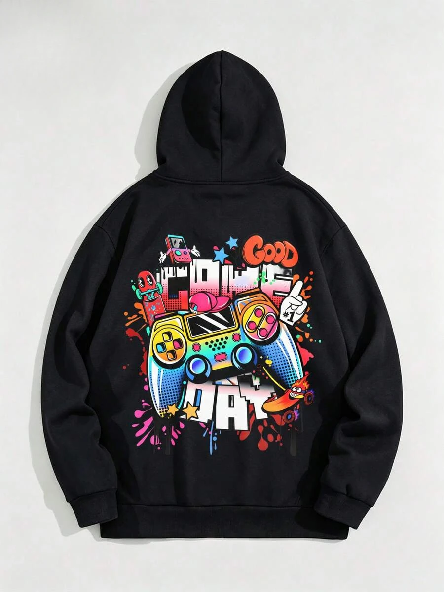 Mens Hoodie Colorful Game Controller Skateboard Graffiti Graphic Streetwear Casual Pullover Sweatshirt With Drawstring