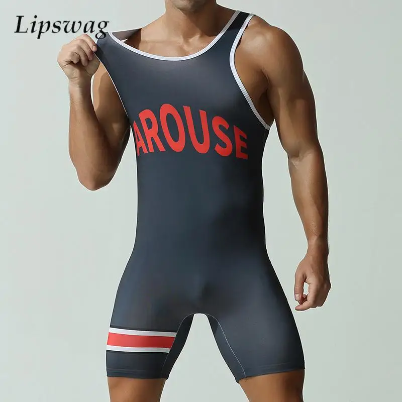 

Gyms Mens Stretchy Slim Bodycon Jumpsuits Summer Fashion Letter Printed Sleeveless Straps Bodysuits Men Sports Elastic Playsuits