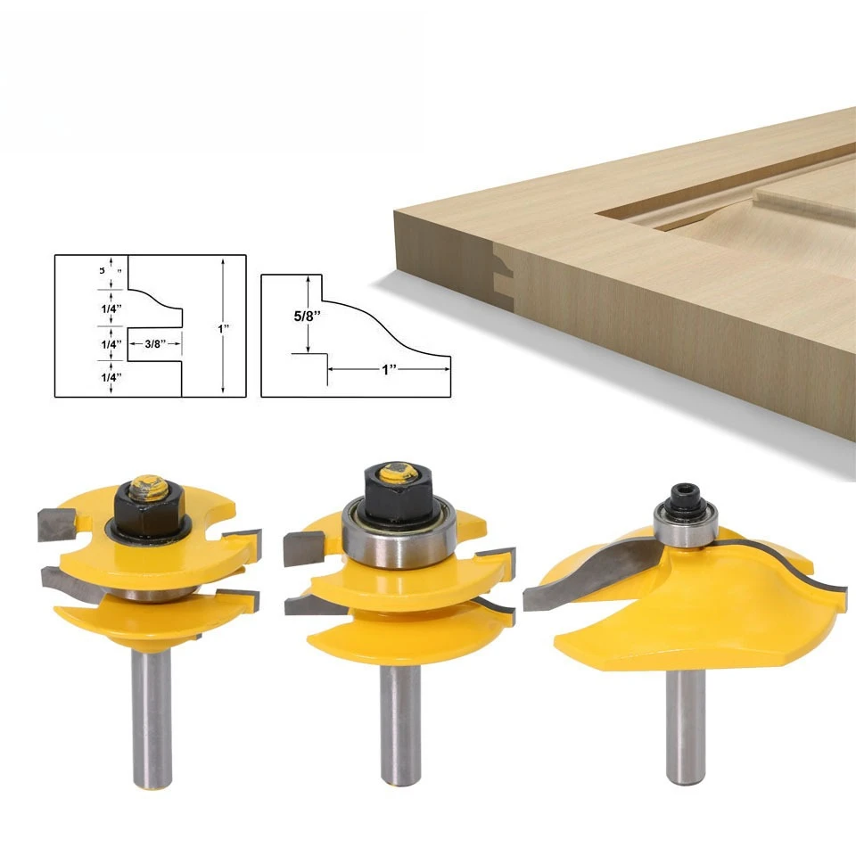 3PCS 8mm Shank Rail & Stile Router Bits-Matched Standard Ogee Door Knife Woodworking Cutter Tenon Cutter for Woodworking Tools