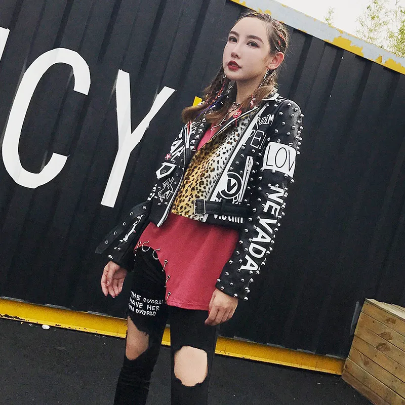 Autumn Fashion Rivet Leather Motorcycle Jacket For Women Punk Style Leopard Letters Printing Rock Biker Streetwear