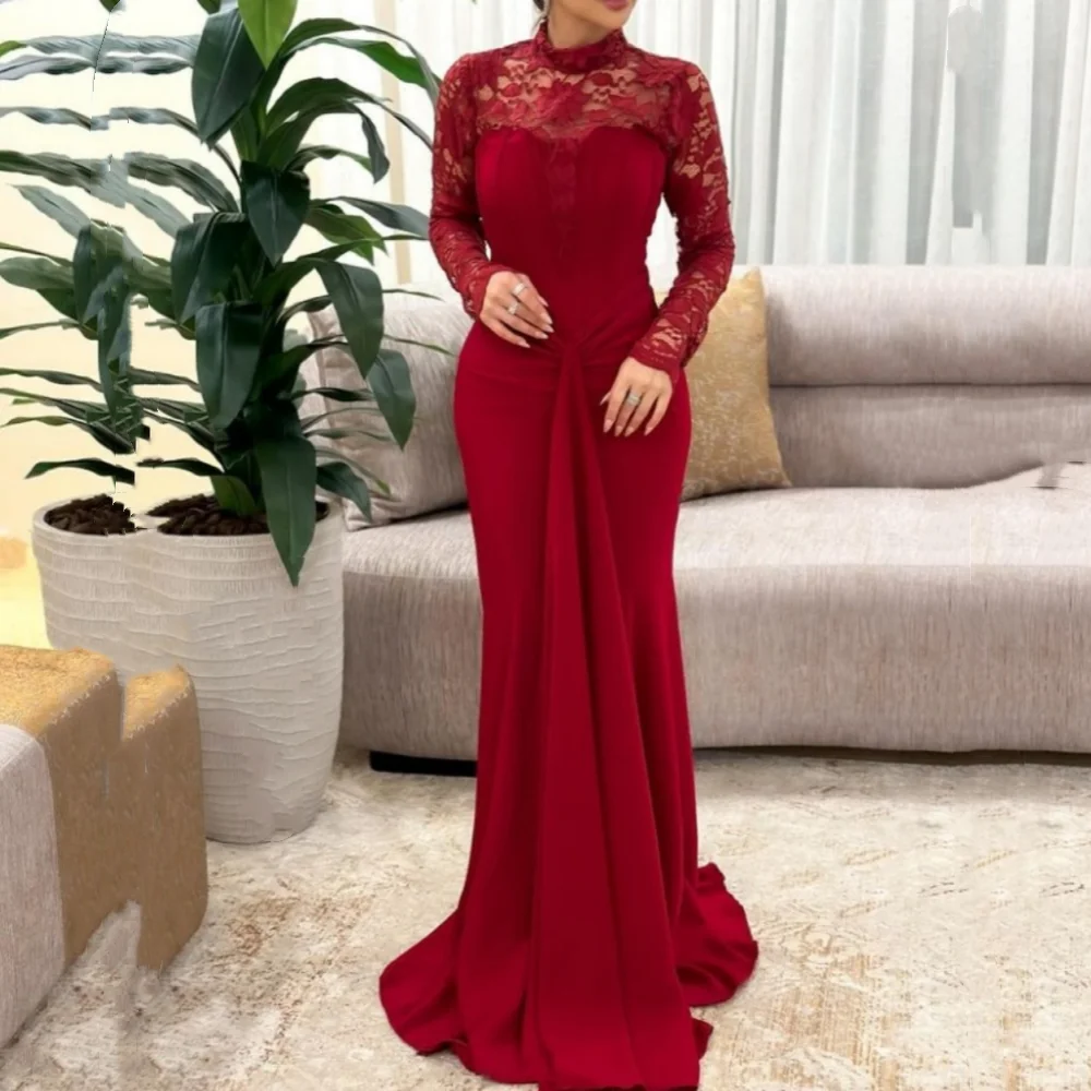 Customized High-Neck Mermaid Bespoke Occasion Dresses Appliques Lace Jersey Evening dress Jersey Sweep Train Party Dresses