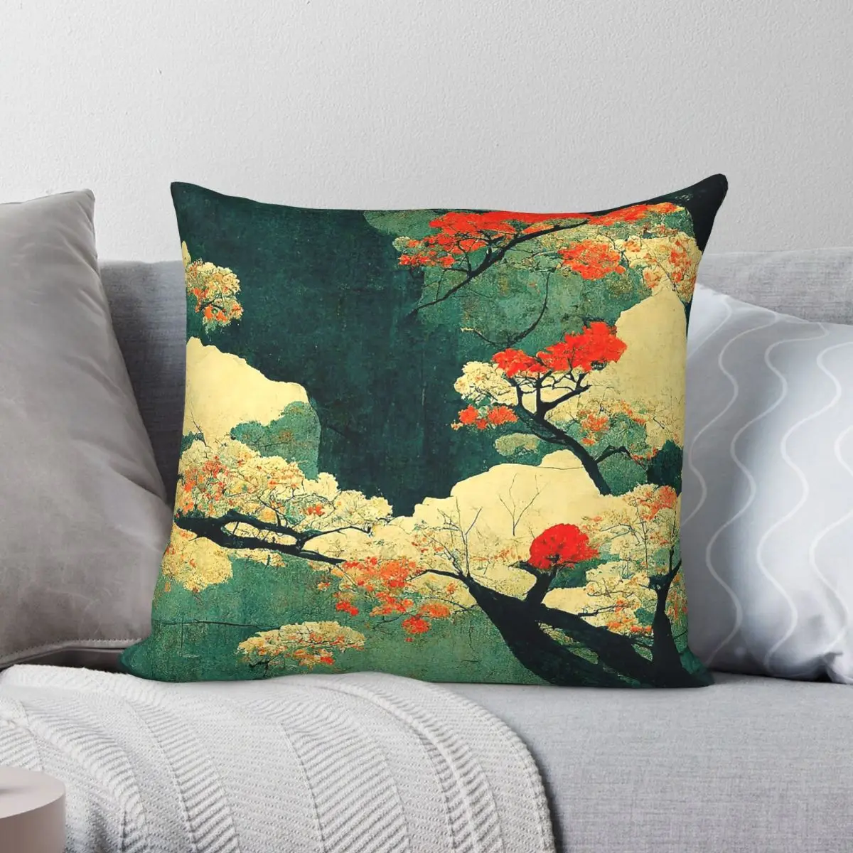 Japan Sakura Vintage Square Pillowcase Polyester Linen Velvet Creative Zip Decor Pillow Case Car Cushion Cover 45x45
