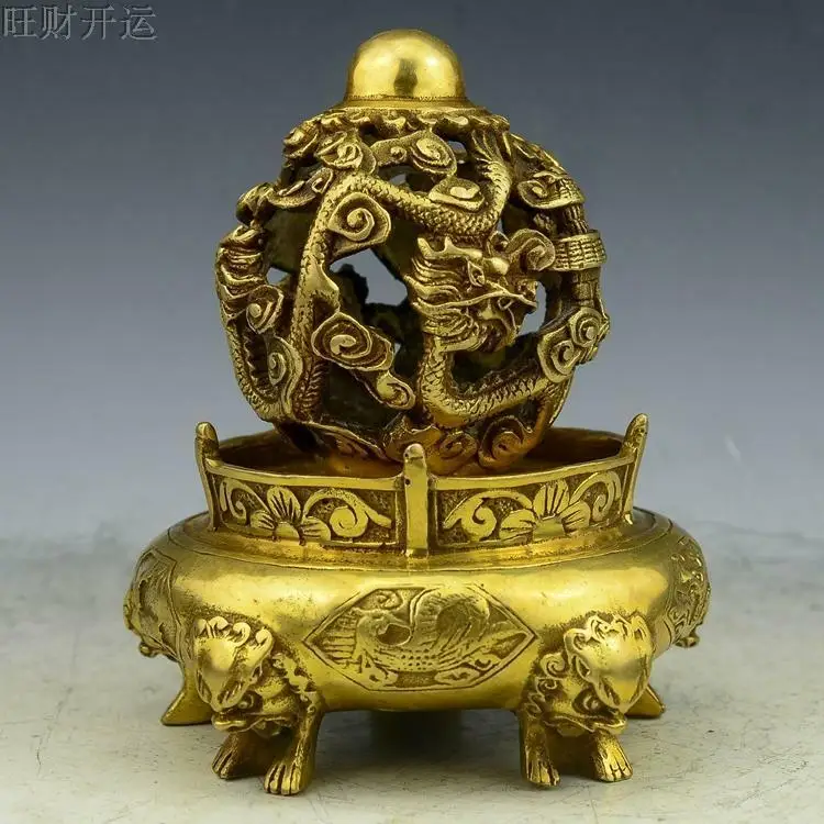 

China Brass Copper Hand Carved Dragon Lion Turn Incense Burner