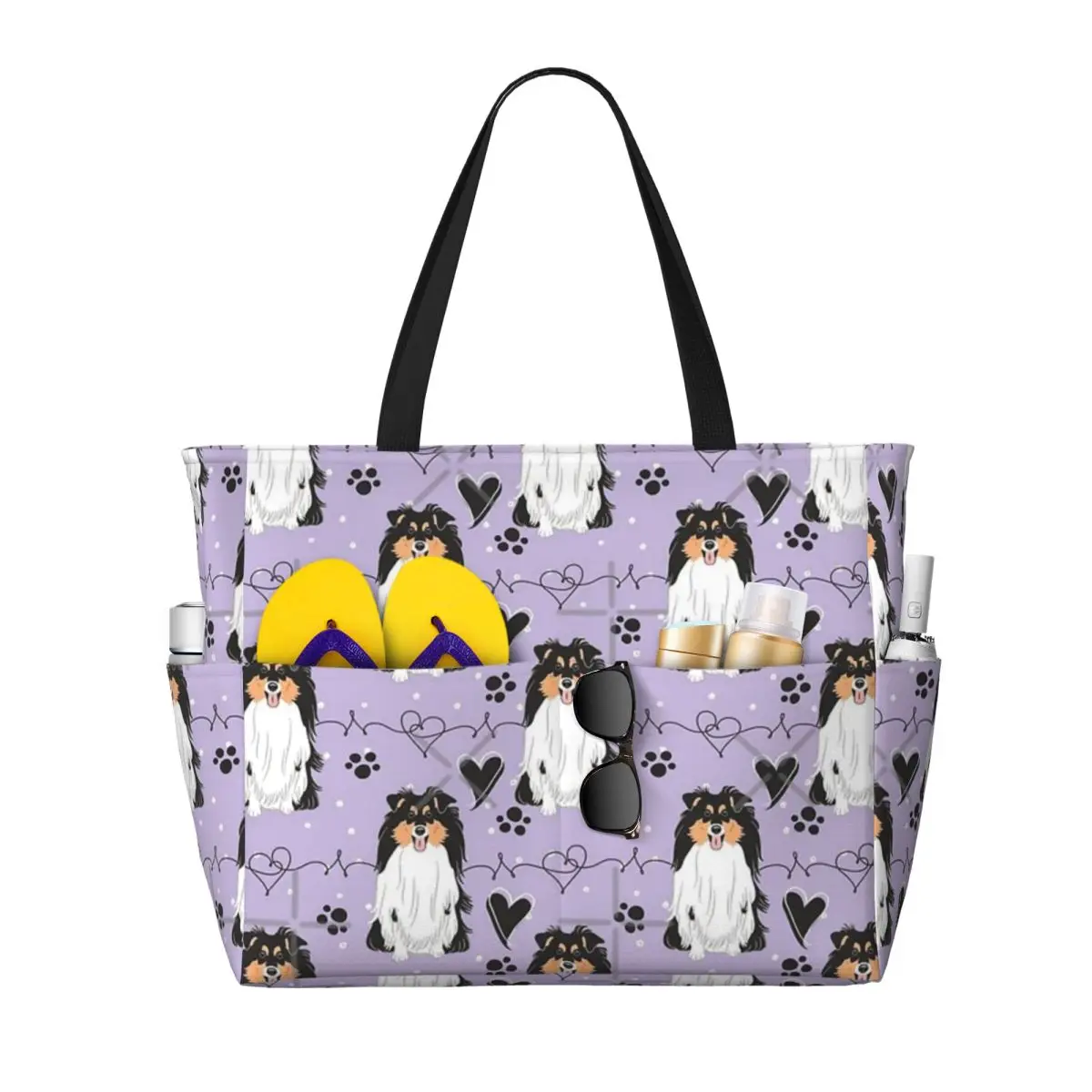 

LOVE Tri Color Sheltie Dog Shetland Sheepdog Beach Travel Bag, Tote Bag Customizable Adult Travel Birthday Gift Multi-Style