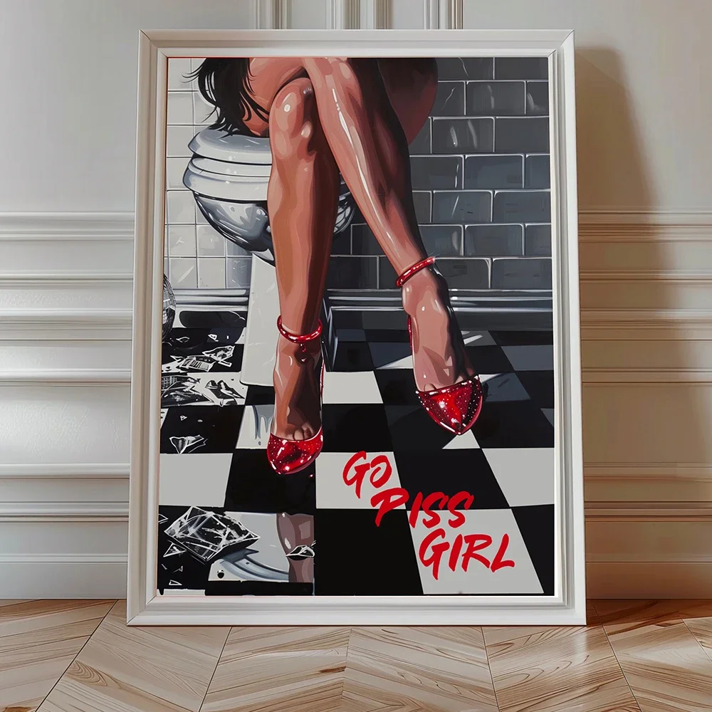 (2D Canvas painting) Go Piss Girl Disco Art Print Funny Bathroom Trendy Wall Art Pictures Y2k Room Decor Muals Aesthetic Apar