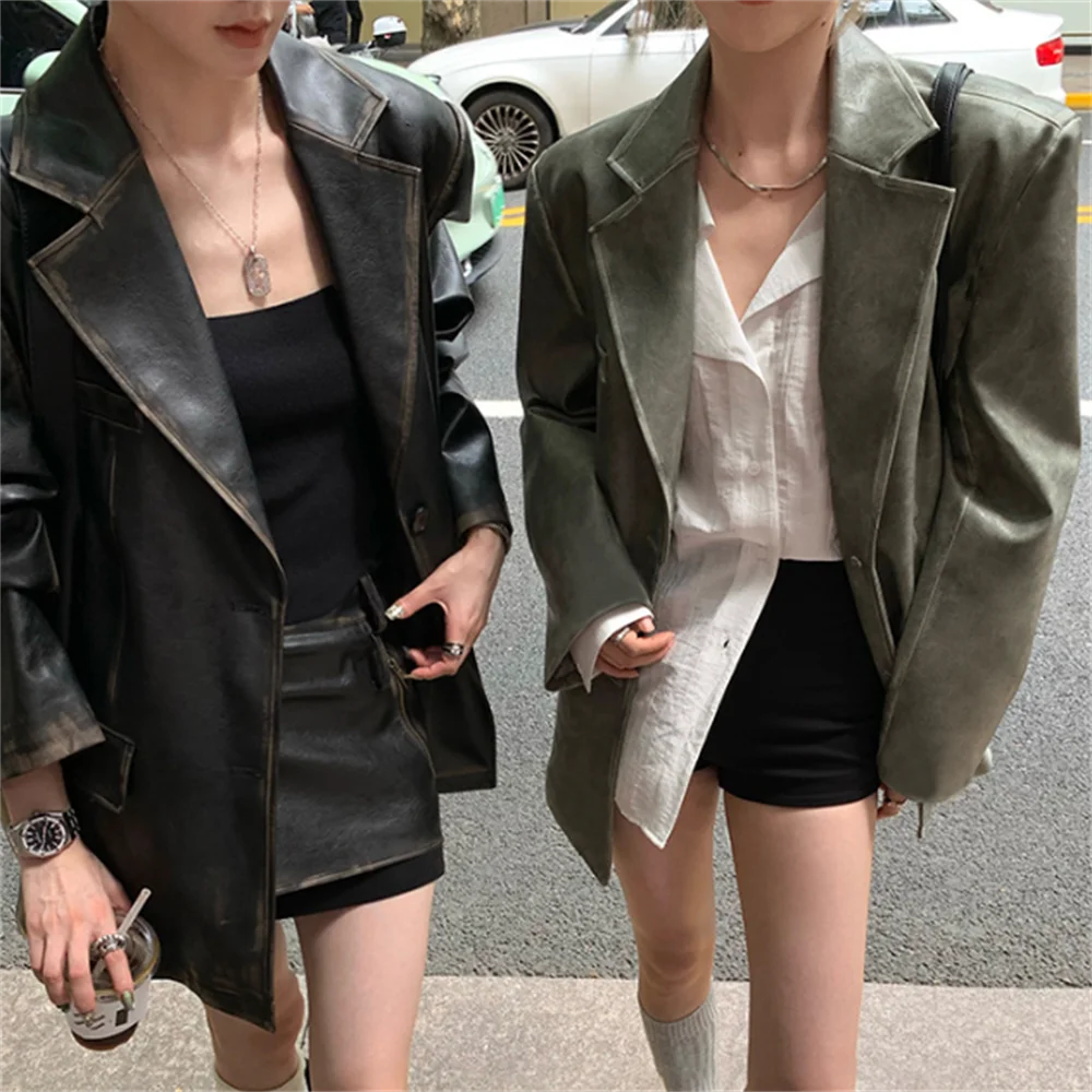 

PU Leather suit Coat female Autumn and Winter blazer feminino Loose